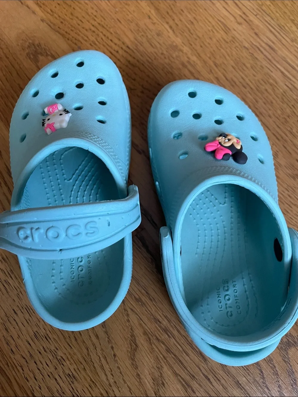 CROCS Kids Light Blue Clogs with Minnie & Hello Kitty Charms girls 8